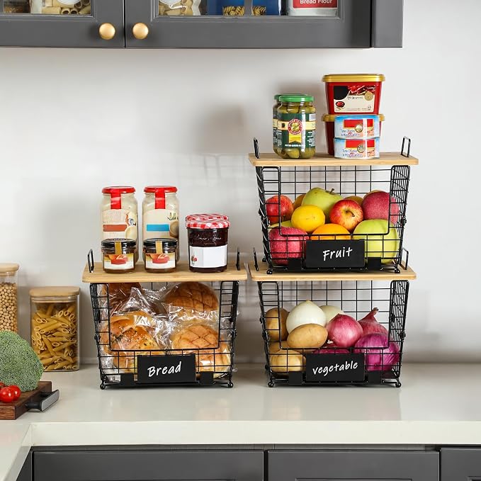 2 Set Large Stackable Wire Basket with Bamboo Tops & Tag- Pantry Organizer and Storage Bins, Kitchen Counter Cabinet Shelf Countertop Under Sink Organizing for Food Snack Produce Onion Potato Bread