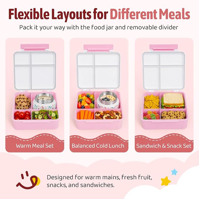 Bento Box for Kids with Thermo Food Container (9oz), 4-Compartment Lunch Box, Adjustable Divider, Leakproof Bento Lunch Box, Includes Utensils & Carry Bag for School, Office(White-Horse)