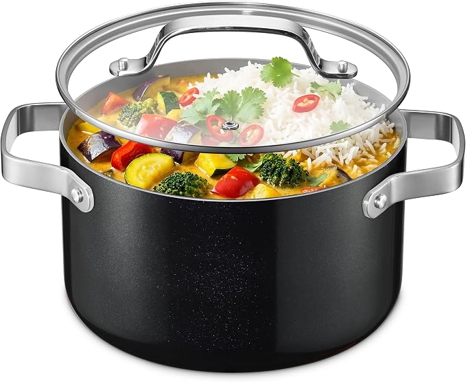 Bakken 5 Quart Ceramic Coated Stock Pot with Lid, Easy to Clean Nonstick Pot, Tempered Glass Lid, Riveted Stainless Steel Handles, Oven Safe Up To 500°F, PTFE & PFAS Free, All Stove Compatible, Black