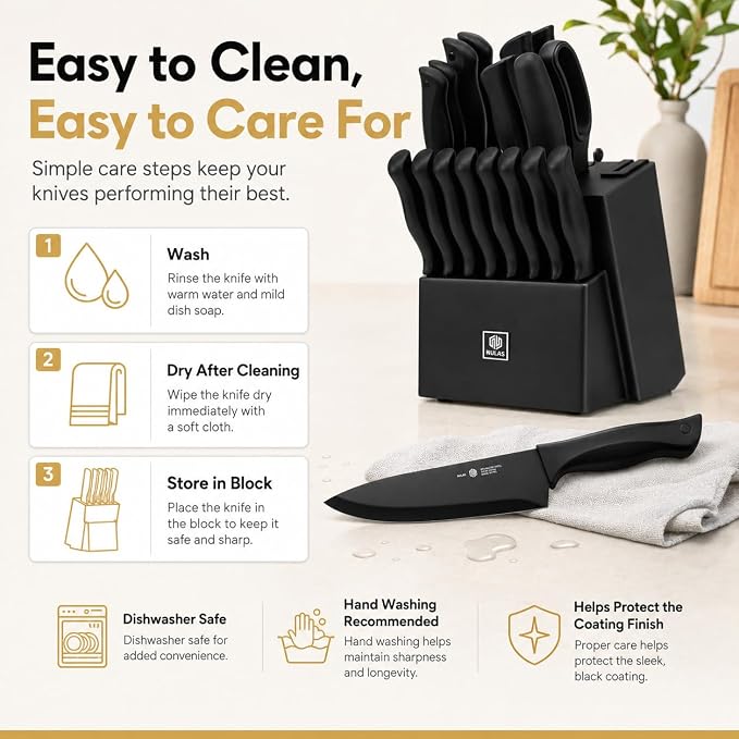 19-Piece Kitchen Knife Set with Block and Built-In Sharpener, Black | High-carbon stainless steel blades, nonstick coating, ergonomic handles and dishwasher-safe care