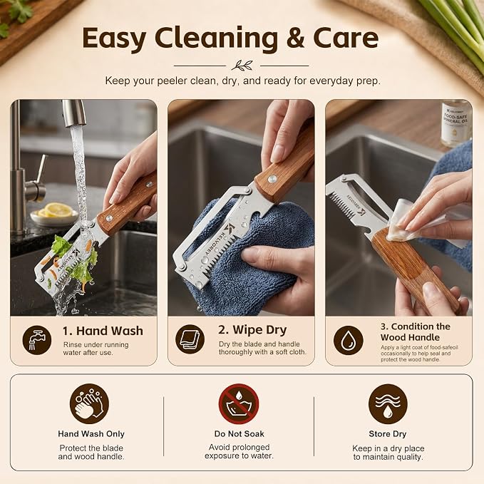 2027 NEW 3-in-1 Multifunctional Vegetable Peeler for Right Hand | Stainless Steel Peeler Knife with Scallion Shredder, Bottle Opener, Wood Handle for Fruits, Vegetables, Kitchen, BBQ, Camping