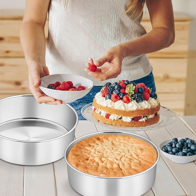 P&P CHEF 8 Inch Cake Pans Set, 2Pcs Stainless Steel Round Baking Pan | Round Layer Cake Tins for Birthday Wedding, Non Toxic & Heavy Duty, 3 Inch Deep Side & Mirror Finish, Oven & Dishwasher Safe