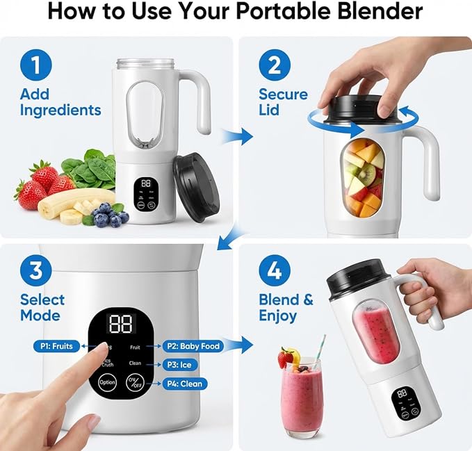 Lilogi 580ML Portable Blender with LED Display, 12-Blade USB-C Rechargeable Travel Blender with Handle & Extra Lid, Ideal for Kitchen, Office, Gym & Outdoor Sports