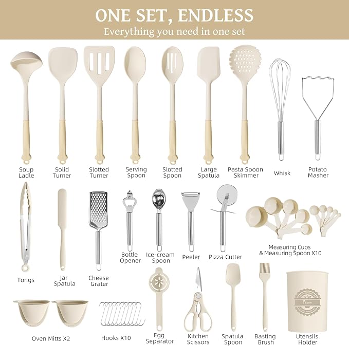Kikcoin 43 PCS Silicone Kitchen Utensils Set, Dishwasher Safe Kitchen Cooking Utensils Set, 446°F Spatulas Silicone Heat Resistant, Non Toxic Silicone Utensils Set With Two-Tone Grip Handles, Cream