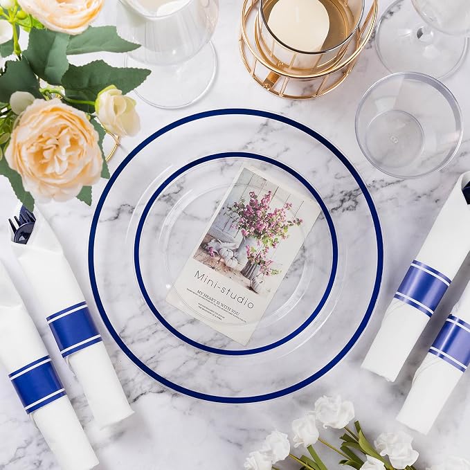 350 Pcs Clear Blue Plastic Plates Disposable for Party 50 Guests | Party Supplies Includes 100 Plates, 50 Pre Rolled Napkins with Cutlery Set, 50 Cups, for Graduation, Birthday, Christmas