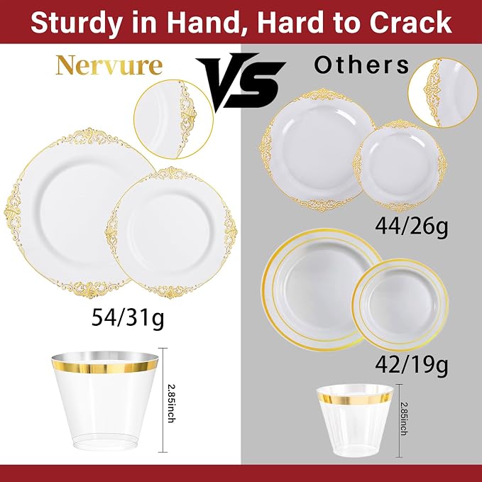 Nervure 175Pcs Gold Plastic Plates, Disposable Dinnerware Set for 25 Guests | 25 7.5" Dessert & 25 10.25" Dinner Plastic Plate, 75 Silverware, 25 Cups, 25 Napkin for Wedding & Party, BPA-free, Heavy-duty