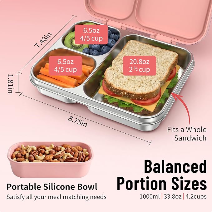 LOHASOK Stainless Steel Lunch Box, 34oz/1000ml, Pink | 3-Compartment, Metal Bento Container, Leak Proof, Plastic Lid, for Kids Adults, BPA/BPS Free, Dishwasher Safe