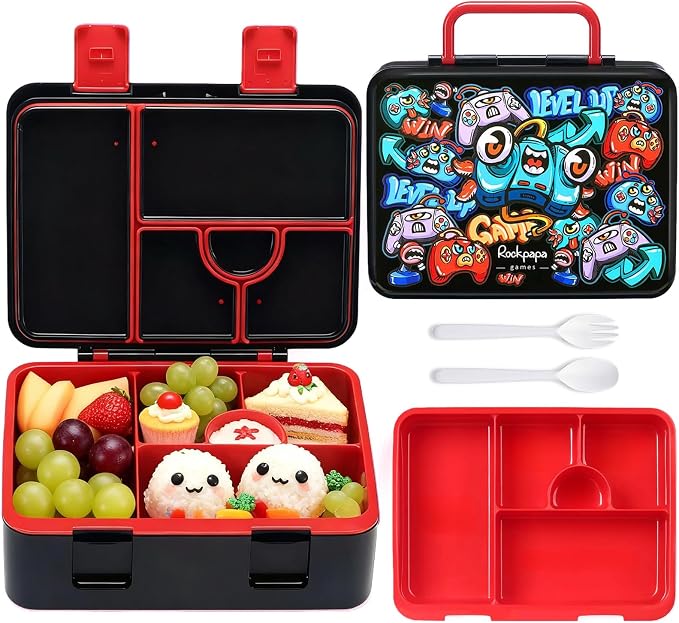 rockpapa Bento Box for Kids - Large 5.5 Cups Lunch Box with Utensils - 5 Compartments, BPA-Free, Leak Proof, Portable Handle for Boys Girls, Microwave/Dishwasher Safe (Black Games)