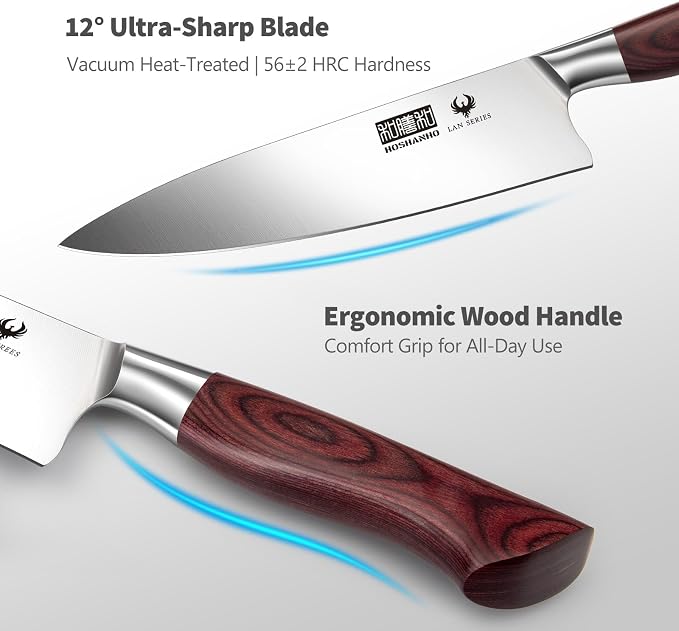 HOSHANHO 7PCS Kitchen Knife Set with Block, Sharp Chef Knives & Sharpener | High-Carbon Stainless Steel Cooking Knife Set, Ultra Sharp Professional Knife Set with Ergonomic Wood Handle, Ideal Home Gift
