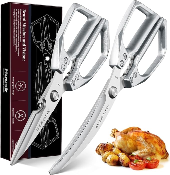 Huusk Kitchen Scissors for Food - Multifunction Kitchen Shears Heavy Duty | Japanese Stainless Steel Meat Scissors for Fish, Vegetables, Chicken Bones, Turkey, Comfortable Handles, Gifts for Women