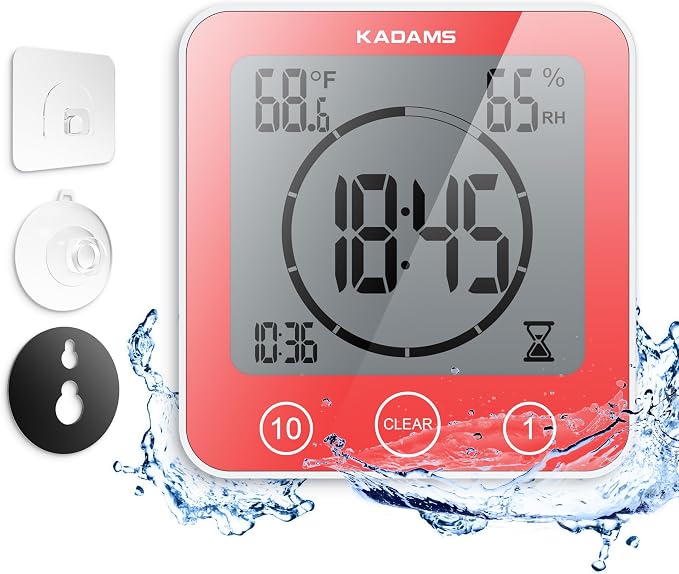 KADAMS Shower Clock Waterproof Bathroom Timer – Digital Wall Clock with Countdown, Magnetic Kitchen Clock with Temperature & Humidity, Suction Cup for Kids Shower Spa Sauna Cook Bath (Red)