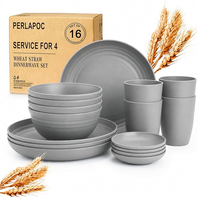 Kids Wheat Straw Dinnerware Sets for 4, 16 Piece Unbreakable Dinnerware Set, Kids Plates and Bowls Sets, Kitchen Plates and Bowls Set, Lightweight Dish Set for Party, Camping，RV - Grey