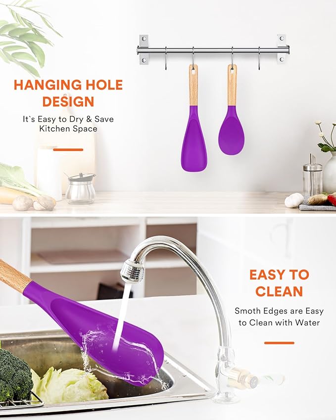 Cooking Spoon and Rice Scooper for Nonstick Cookware,Multi-function | Great for Cooking and Serving, Sturdy BPA-Free Matte Silicone, Wood Handle Spoon for Mixing, Scoop, and Scrape,9.3"+14.3"
