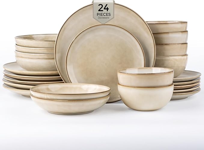GBHOME Dinnerware Sets for 6, 24 Pieces Ceramic Plates and Bowls Set | Scratch Resistant Stoneware Dishes Set, Dishwasher & Microwave Safe, Reactive Glaze-Cappuccino