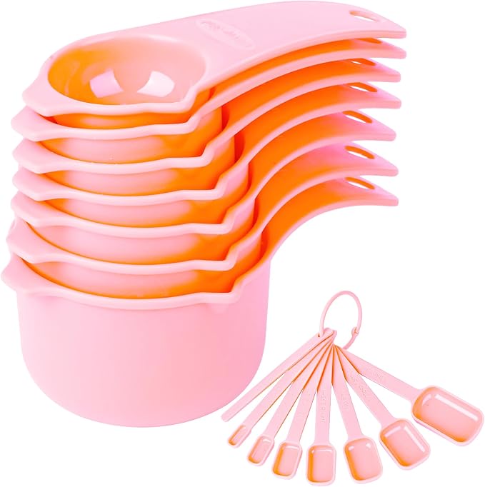 Measuring Cups and Spoons Set, Plastic Measuring Cup Set 15, Pink Dry Measure Cups Spoons, 7 Measuring Cups & 7 Spoons, Kitchen Measure Cup Spoons for Cooking & Baking