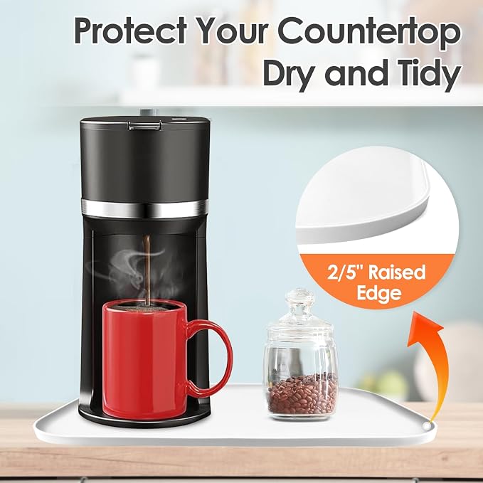Silicone Coffee Maker Mat with Lip for Countertops, 17.4'' x 10.6'', White | Multi leak-proof coffee tray for countertop, non-slip silicone mat fits most coffee makers & espresso machines, wipe-clean