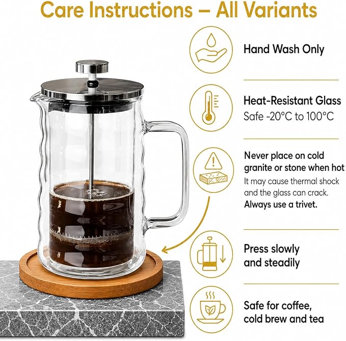 Glass French Press Coffee Maker, Heat Resistant Borosilicate Glass (22oz Wavy)
