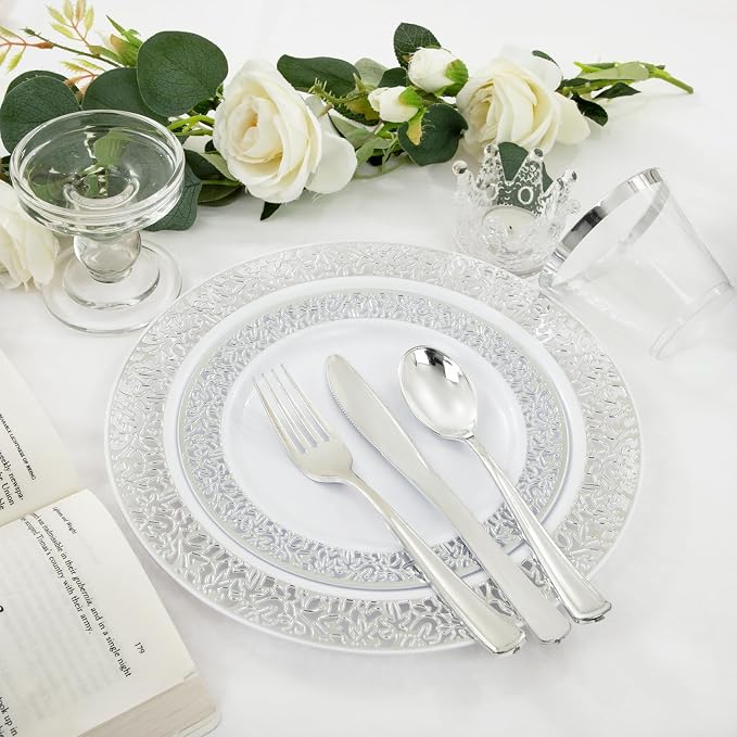 WELLIFE 350pcs Silver Party Dinnerware Set for 50 Guests, Silver Wedding Plates Disposable Heavy Duty, Including :50 Dinner Plates, 50 Dessert Plates, 50 Cups, 50 Napkins, 50 Sliver Silverware Set