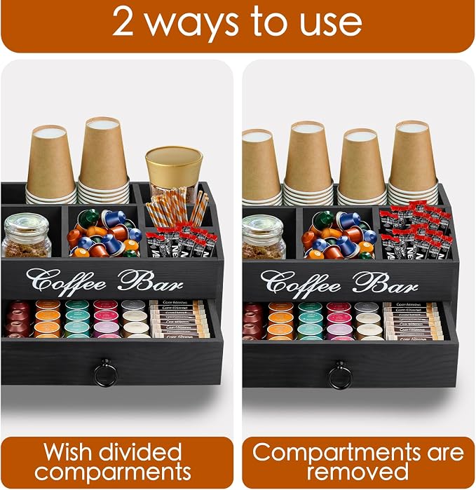Wooden Coffee Station Organizer for Countertop | 6 Compartments & a Drawer | Farmhouse Coffee Pods Holder Coffee Bar Accessories and Tea Condiment Basket