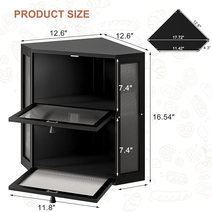 WOWLIVE Double Layer Corner Bread Box for Kitchen Countertop with 2 Doors | Bamboo Bread Storage Container, Large Farmhouse Breadbox with Acrylic Wavy Door, Under Cabinet Organizer, Black, Extra Large