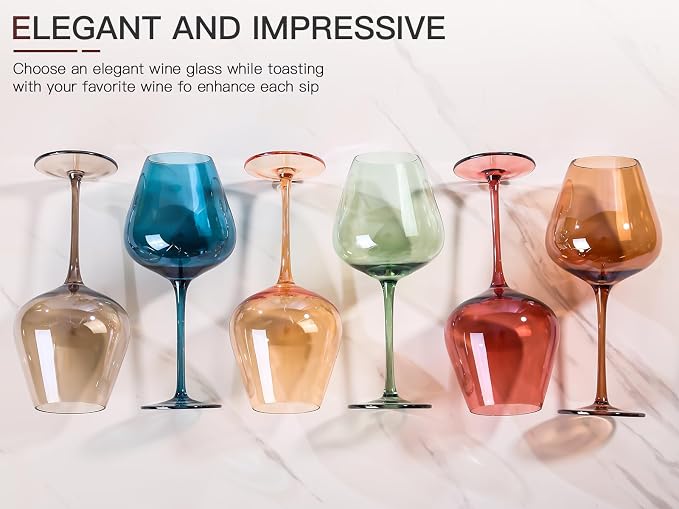 Colored Wine Glass Set of 6-18oz Lead-Free Crystal Burgundy Wine Glasses, Glassware for Parties& Special Occasions