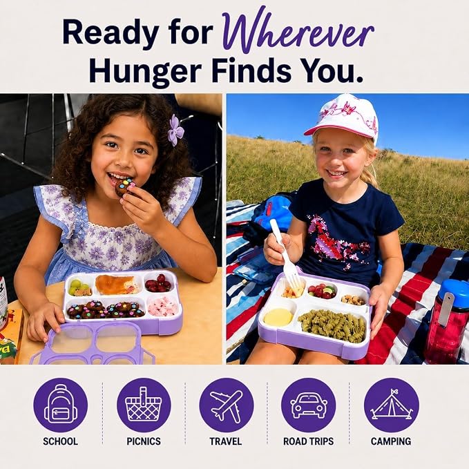 kinsho Bento Box for Kids Women - 6 Compartment, Leak-Proof Lunchbox for School, Portion Control & Meal Prep Containers, Reusable, BPA-Free Snack Container - Includes Utensil Set & E-Book, Purple