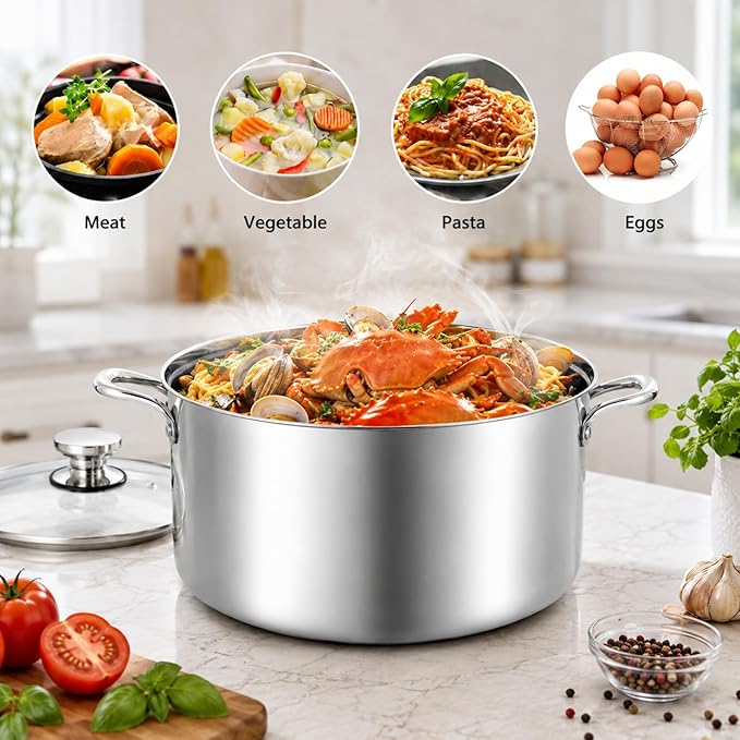 TeamFar 6 Quart Stock Pot, Tri-Ply Stainless Steel Pasta Pot with Lid | Cooking Broiling Eggs Veggies Soup, Tempered Glass Lid & Double Side Riveted Handles, Healthy & Heavy Duty, Dishwasher Safe