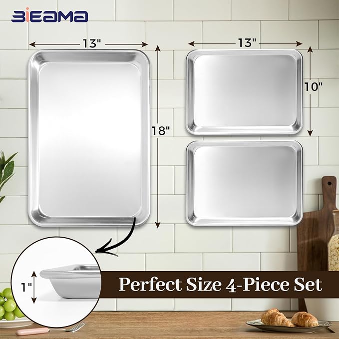BIEAMA Aluminum Baking Sheet Pan Set of 4, 18" x 13"+ 13" × 10" | Includes 2 Half Sheet Pans & 2 Quarter Size Commercial Heavy Duty Cookie Sheets for Oven