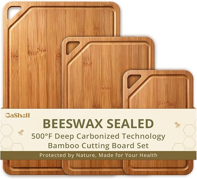 GASHELL Bamboo Cutting Board Set with Beeswax Coating for Kitchen(S+M+L) | Deep-Carbonized Chopping Board with Juice Grooves, Non-toxic, Lightweight, Reversible, Meal Prep & Serving