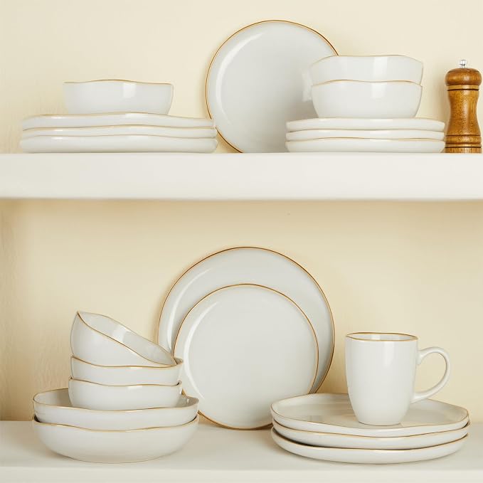 Dinnerware Set for 4, Ceramic Dish Set, Plate and Bowl Set, Microwave & Dishwasher Safe Dishware Set, Chip & Scratch Resistant Dinner Sets, Irregular Edge Design, White