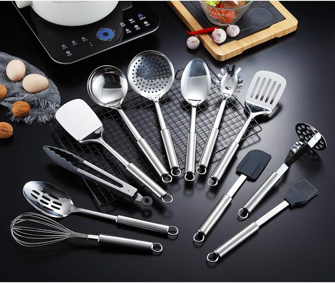 Berglander Cooking Utensil Set 13 Piece Stainless Steel Kitchen Tool Set with Holder, Include Cooking Spoon, Spatula, Whisk, Cooking Tong and etc. (13 Pieces)