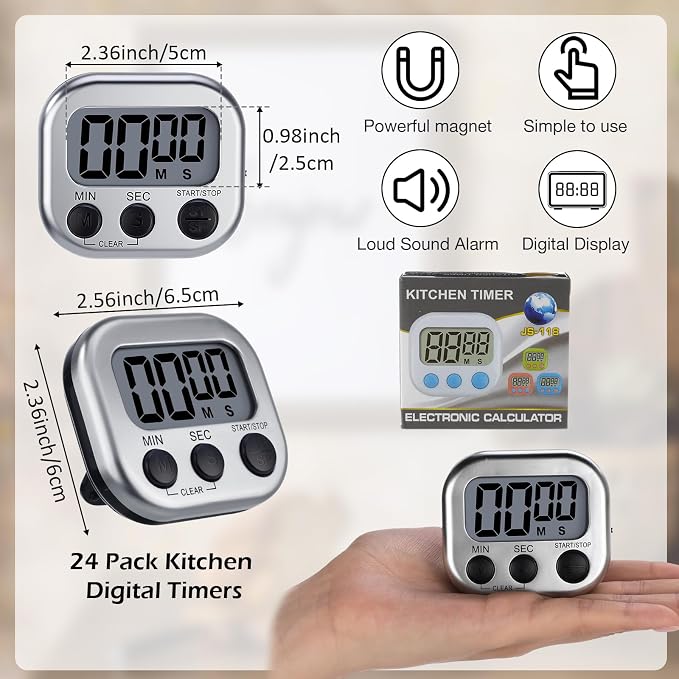 Leumoi 24 Pack Multi-Function Digital Timers with Magnetic Back, Large LCD Display, Loud Alarm, Count up & Countdown, Memory Function for Cooking, Classroom, Study, Exercise & Work(Sliver and Black)