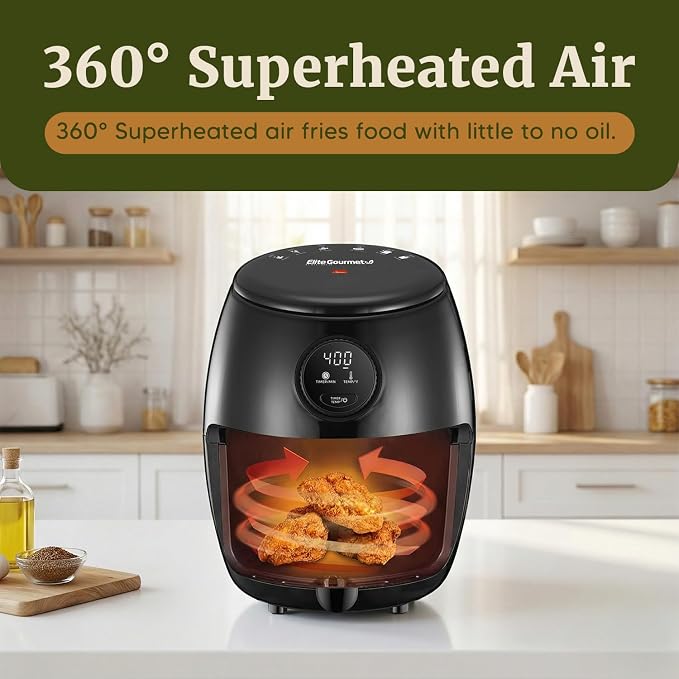 Elite Gourmet EAF2612D Personal Programmable Air Fryer, 1000W, 2.1Qt, Black | Compact Space-Saving Design, Oil-Less Healthy Cooker, Timer & Temperature Controls