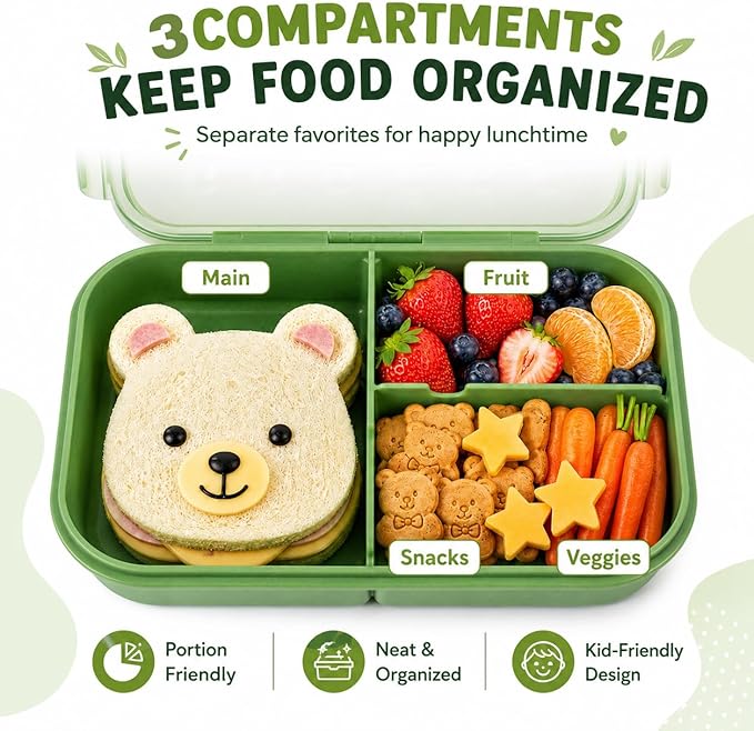 MISS BIG® Bento Lunch Box for Kids, 1150ml, 3 Compartments, Matcha Green | Matcha green kids bento lunch box for school meals, daycare snacks, light lunch, picnic, and travel.