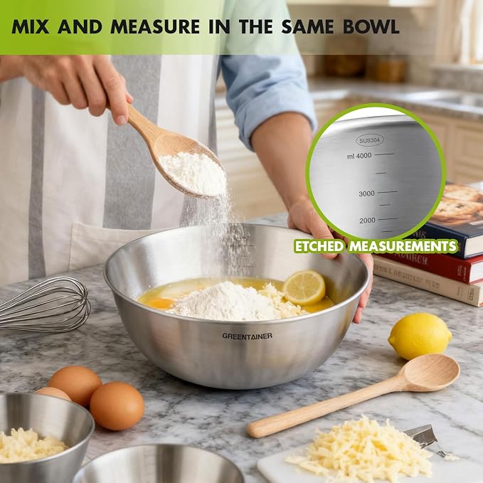 Greentainer Stainless Steel Mixing Bowls Set of 6, Nesting Bowls with Measurement Markings, 7.6 to 0.8 Qt for Baking, Prepping, Cooking and Serving Food, Large Metal Kitchen Bowls Dishwasher Safe