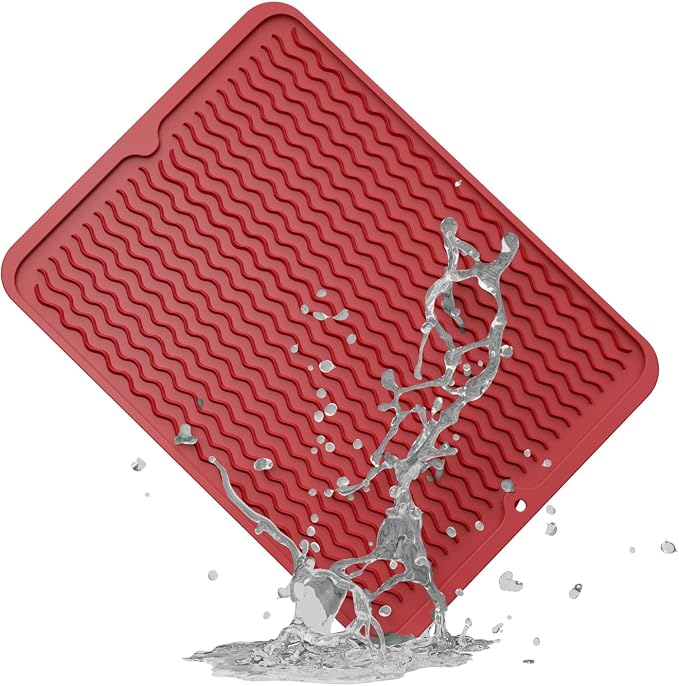 ZLR Silicone Dish Drying Mat for Kitchen Counter, 16"x12", Lava Red | Fast-Dry Wavy Ridges, Raised Edges Contain Water, Heat-Resistant Trivet to 450°F, 5mm Thick, Non-Slip, Dishwasher Safe