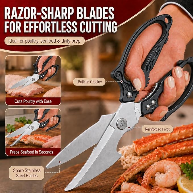 Black Heavy Duty Kitchen Shears, Stainless Steel Multipurpose Food Scissors for Chicken, Meat, Poultry & Vegetables, Sharp Kitchen Scissors for Daily Cooking