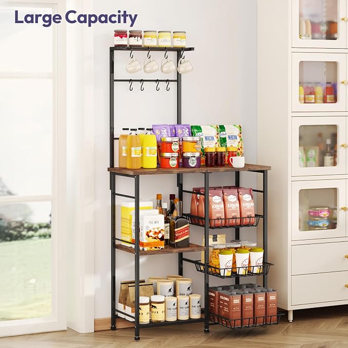 SWTYMIKI Bakers Rack with Storage - Coffee Bar Cabinet with Shelves, Coffee Station Organizer and Kitchen Stand with 8 Hooks, Baskets, Adjustable Feet for Kitchen Dining Room Pantry, Espresso