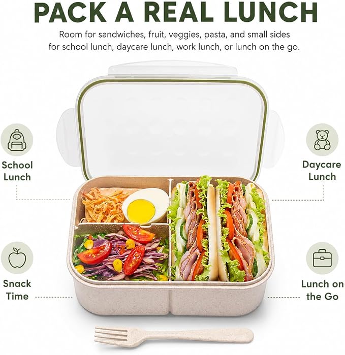 MISS BIG® Bento Lunch Box for Adults & Kids, 1900ml, 3 Compartments, White | 1900ml BPA-free 3-compartment lunch box for adults, kids and dry foods