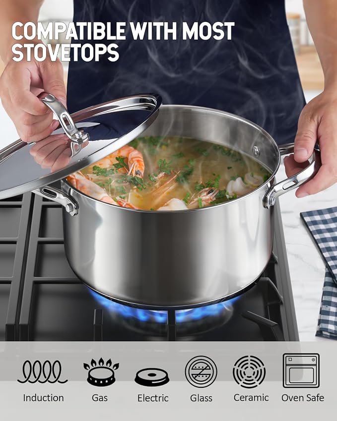 Cooks Standard Stainless Steel Stock Pot - Induction Deep Cookware | 6 Quart Stainless Steel Stock Pot with Lid, Heavy Duty Thick Bottom for Pasta, Soups, and Small Family Meals