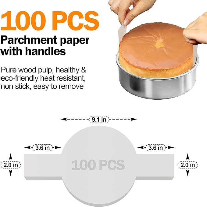 9 Inch Round Cake Pans Set of 2 with 100 Pieces Parchment Paper | Stainless Steel Round Cake Pans For Layered Cakes, No Coating Smash Baking Pan, Mirror Finish Dishwasher Safe Cake Mold