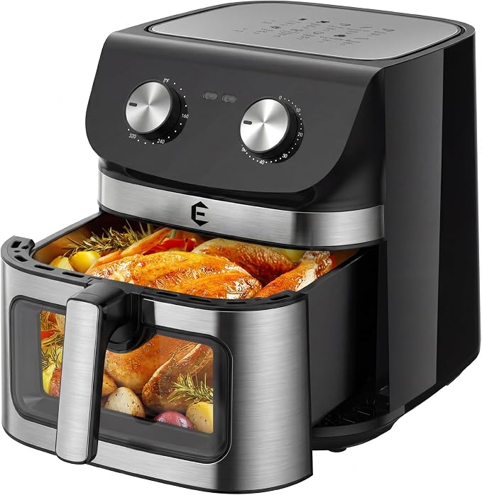 9.5Qt Large Air fryer Toaster Oven Combo with Mechanical Dial Controls | Non Toxic Stainless Steel Air Fryer with Viewing Window, XL Capacity Basket Style Airfryer for Family, Black