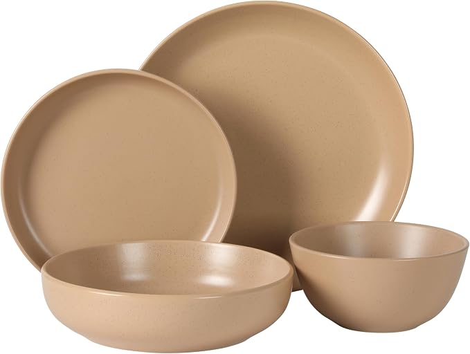Gibson Elite Leeds Court Plates and Bowls Sets, 16-Piece Stoneware Dinnerware Sets, Terracotta, Round Speckle Reactive Glaze Dish Set