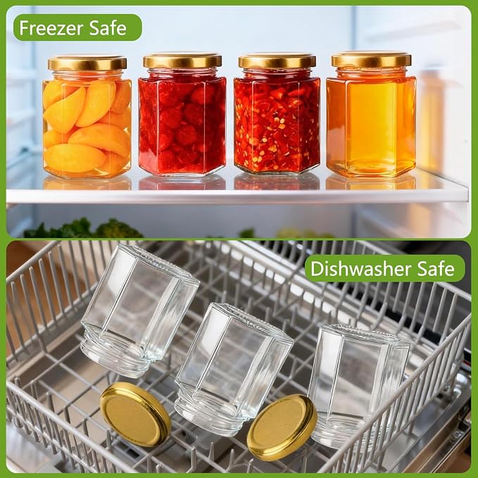 30 Pack 6 oz Glass Jars with Gold Lids - Airtight Hexagon Honey Jars | Jams, Spices, Baby Shower, Party & Wedding Favors - 180ml Food Grade Canning Jars for Small Business & DIY Crafts