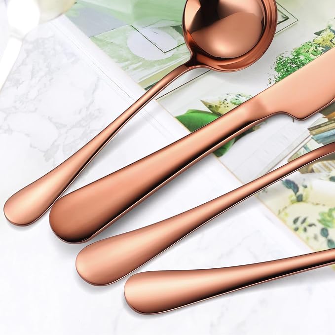 Copper Utensils Serving Set Rose Gold Stainless Steel Flatware Cake Knife Sever Fork Large Spoon Spatula Catering Silverware Complete 7 Pieces for Home Party Buffet