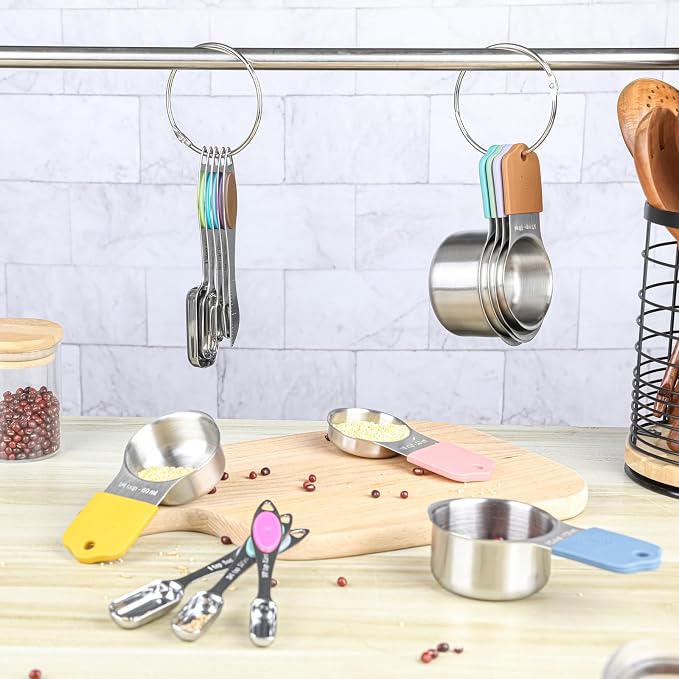 Magnetic Measuring Cups and Spoons Set, 7 Stainless Steel Measuring Cups and 7 Rectangular Metal Teaspoon with 1 Leveler for Cooking & Baking (Colorful)