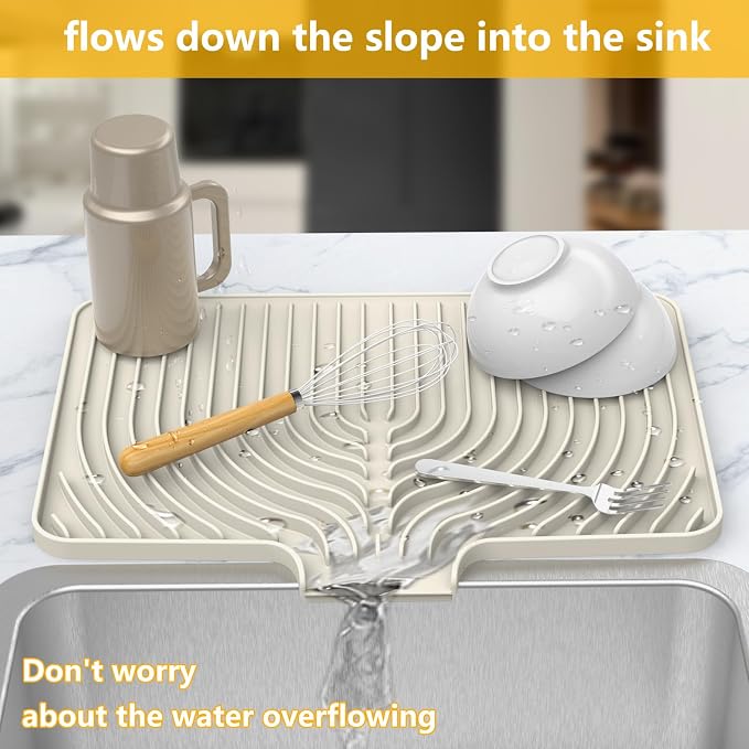 Dish Drying Mat for Kitchen Counter, 18"x12" Dish Drying Rack(cream) | Various Sizes & Colors,Steep-Slope Built in Drain,High-fin Ventilation,Food-grade Silicone,500F heat resistant,for Flat sinks