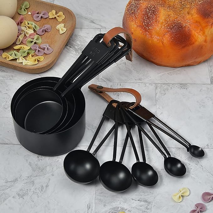 Black Stainless Steel Measuring Cups and Spoons Set, 9PCS | Kitchen Gadgets for Cooking & Baking