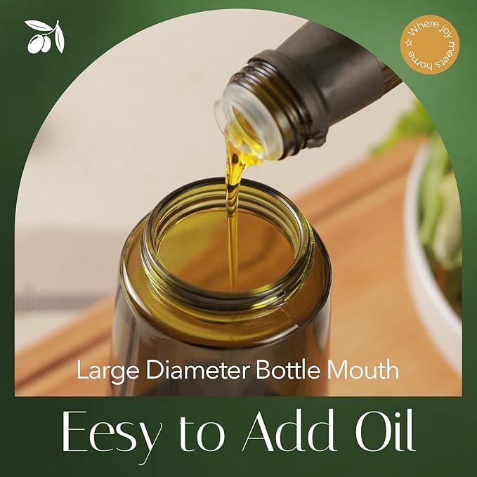YARRAMATE 16oz/470ml Light-Blocking Dark Oil Sprayer for Cooking, 2 in 1 Olive Oil Dispenser Bottle for Kitchen, Dark Green Glass Oil Bottle, Food-Grade Oil Mister for Air Fryer, BBQ (PeachPink)