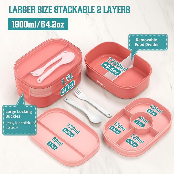 RIKDOKEN Bento Lunch Box, Stackable 2 Layers Containers with Compartments, Portable 64OZ Large Capacity Leakproof Bento Box with Spoon & Fork & Lunch Bag, Microwave Safe Lunch Box for Kids and Adults